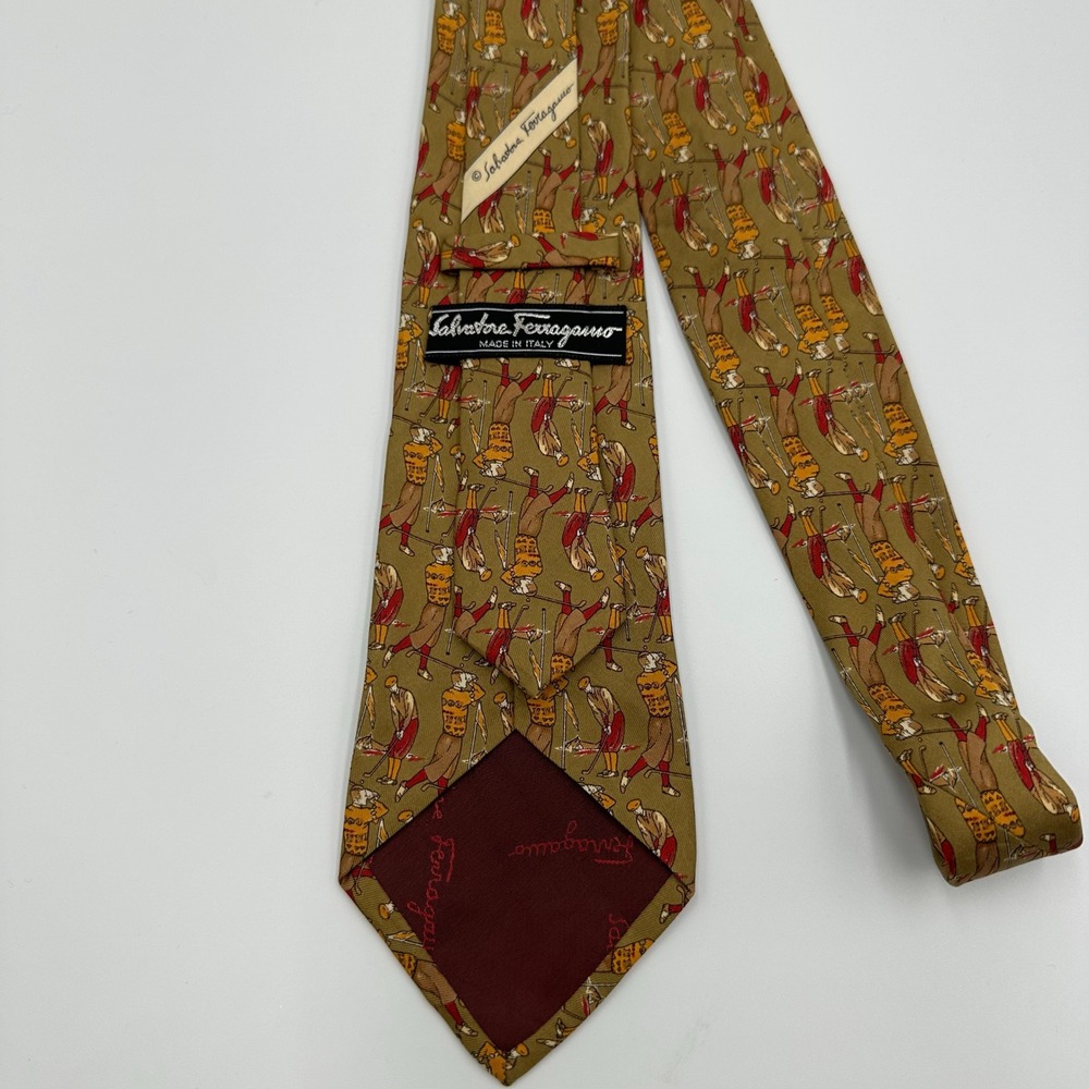 Salvatore Ferragamo Vintage Mens Silk Tie Olive Gold Novelty Print Italy  3.75in